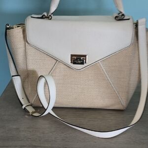 Cream Textured Satchel with Top Handle and Adjustable Strap